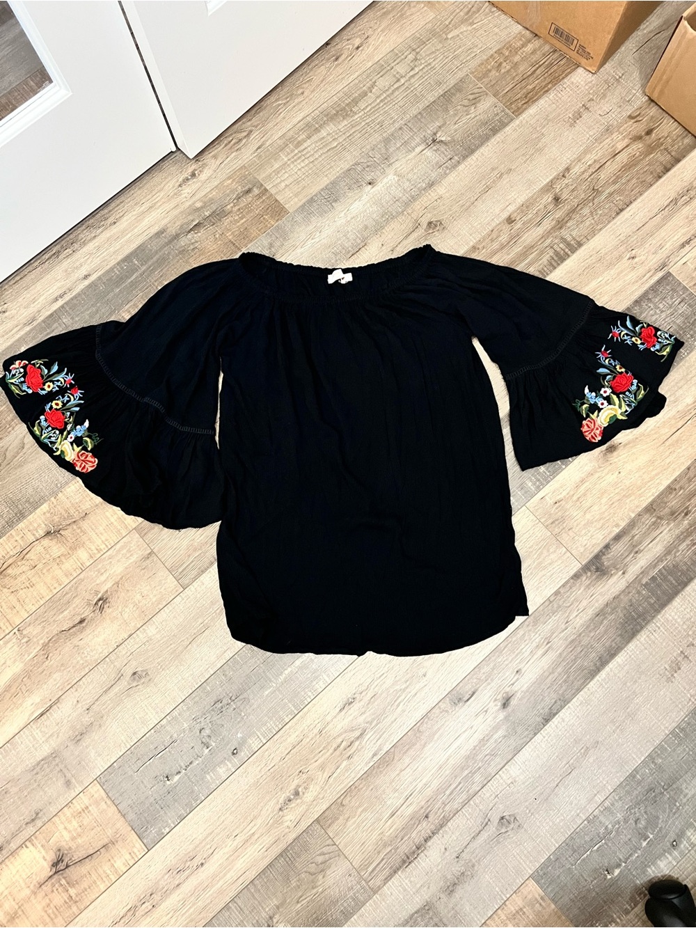 Johnny Was Black Off-Shoulder Top with Multicolor Floral Embroidery